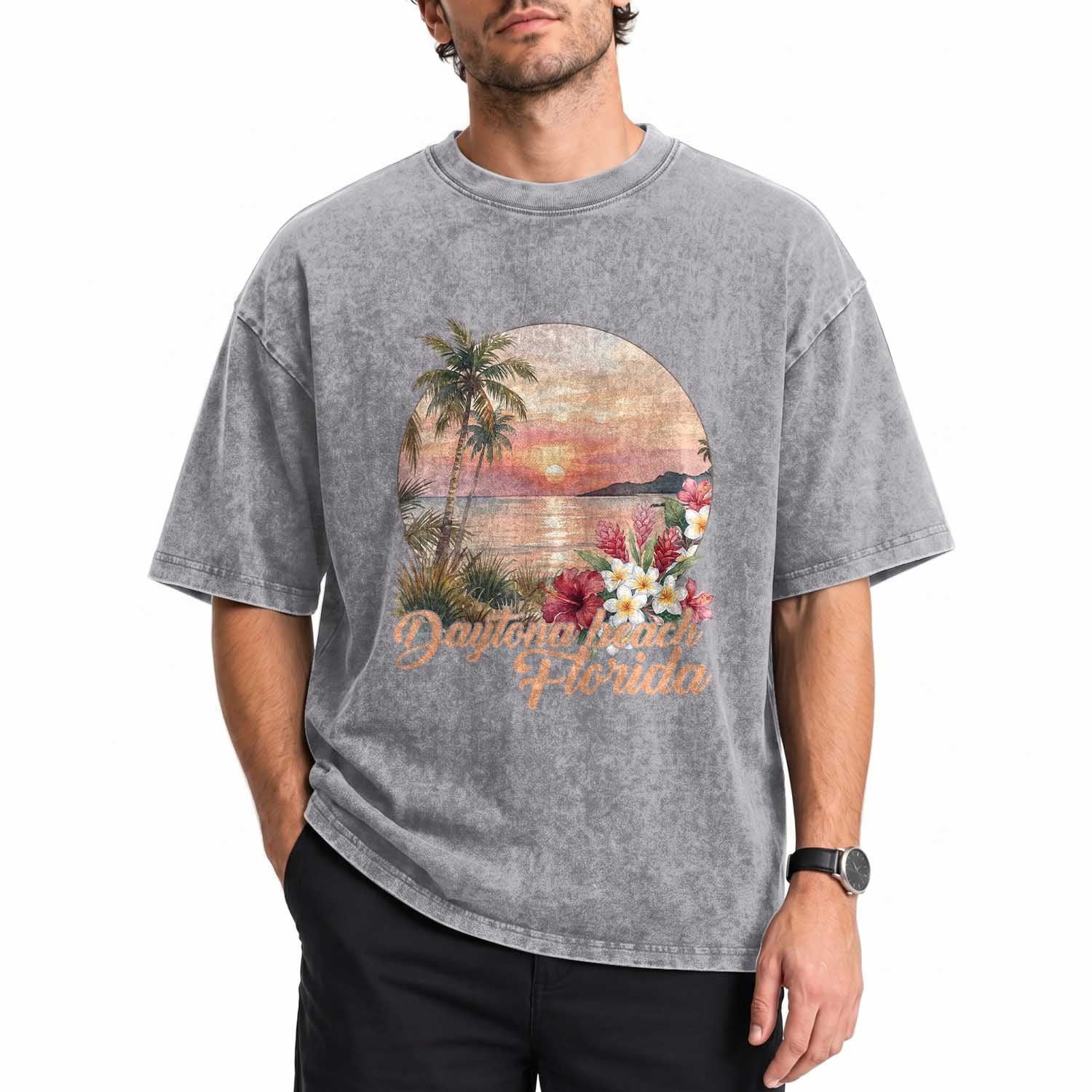 Daytona Beach Florida Washed Cotton T-Shirt Tropical Palm Tree Ocean Travel Gift