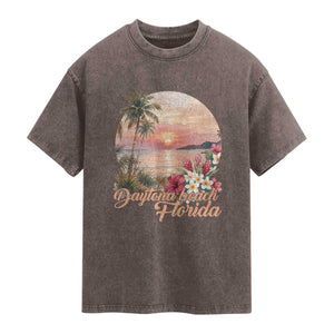Daytona Beach Florida Washed Cotton T-Shirt Tropical Palm Tree Ocean Travel Gift