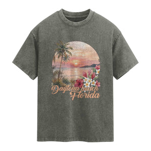 Daytona Beach Florida Washed Cotton T-Shirt Tropical Palm Tree Ocean Travel Gift