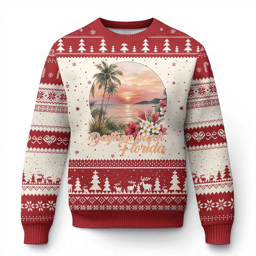 Daytona Beach Florida Ugly Christmas Sweater Tropical Palm Tree Ocean Travel Gift TS12 Beige Red Print Your Wear
