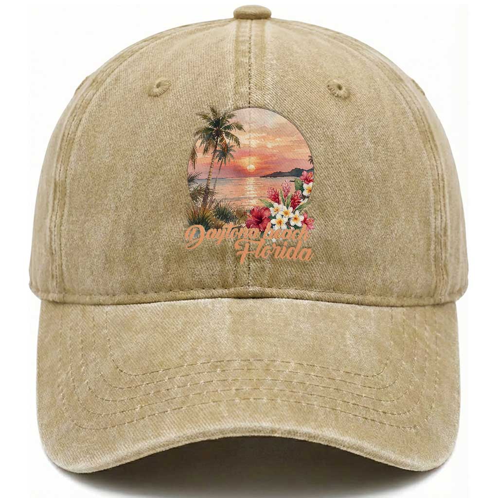 Daytona Beach Florida Washed Cotton Baseball Cap Tropical Palm Tree Ocean Travel Gift TS12 Print Your Wear
