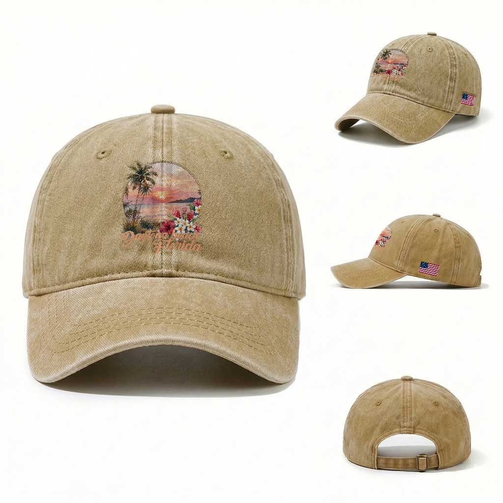 Daytona Beach Florida Washed Cotton Baseball Cap Tropical Palm Tree Ocean Travel Gift TS12 Washed Cap Universal Fit Khaki Print Your Wear