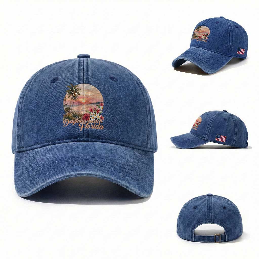 Daytona Beach Florida Washed Cotton Baseball Cap Tropical Palm Tree Ocean Travel Gift TS12 Washed Cap Universal Fit Royal Blue Print Your Wear