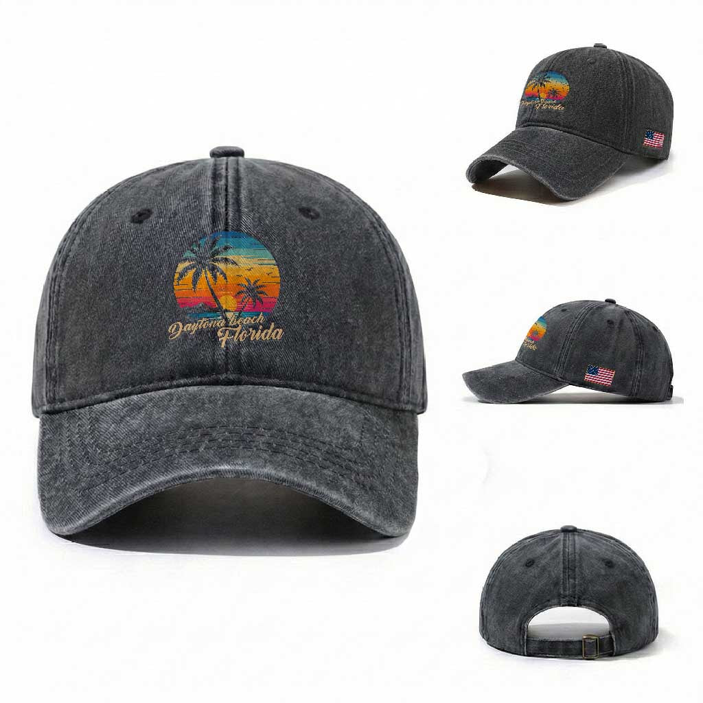 Vintage Daytona Beach Florida Washed Cotton Baseball Cap Summer Vacation Graphic TS12 Washed Cap Universal Fit Dark Gray Print Your Wear