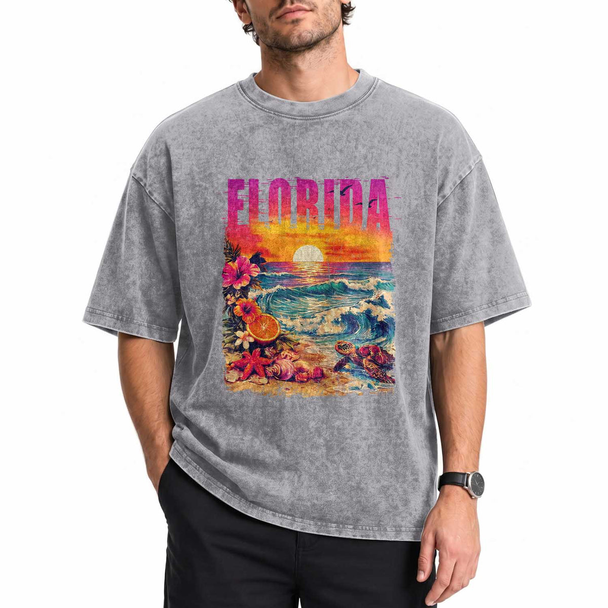 Retro Florida Beach Washed Cotton T-Shirt Summer Vacation Gift