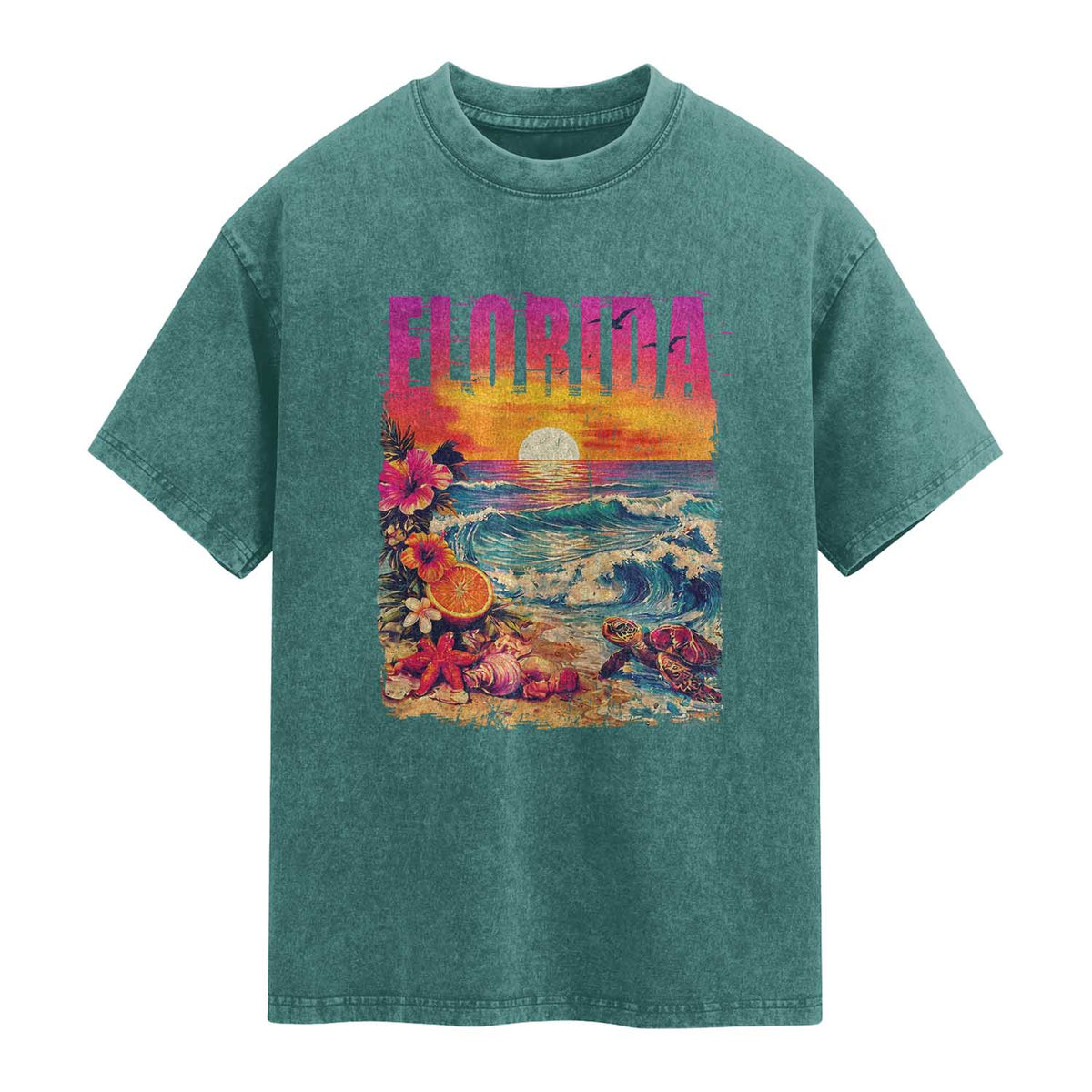 Retro Florida Beach Washed Cotton T-Shirt Summer Vacation Gift
