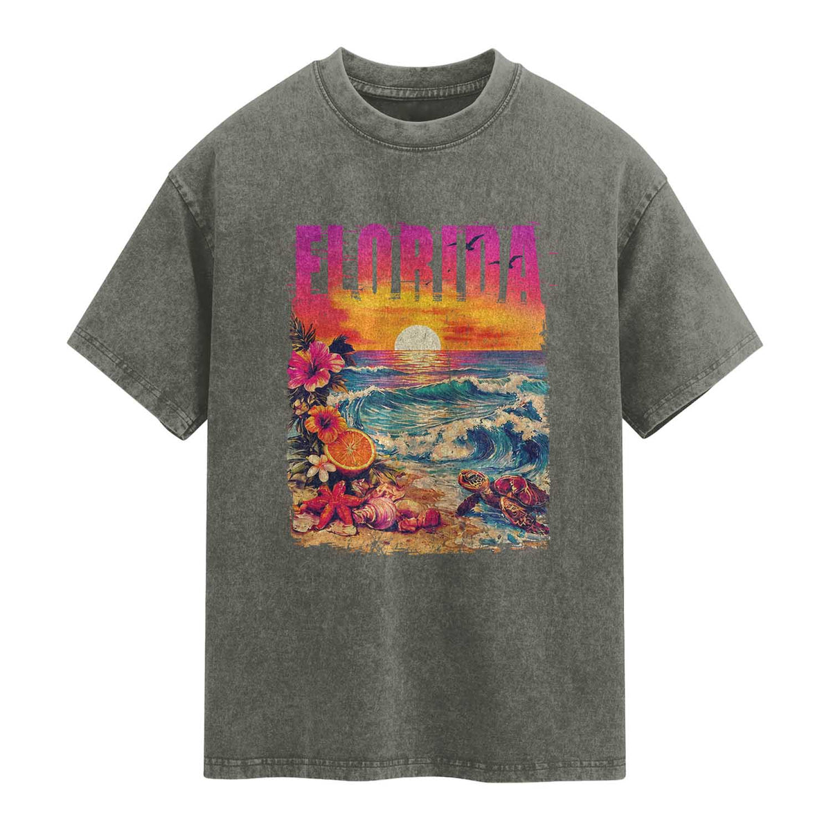 Retro Florida Beach Washed Cotton T-Shirt Summer Vacation Gift