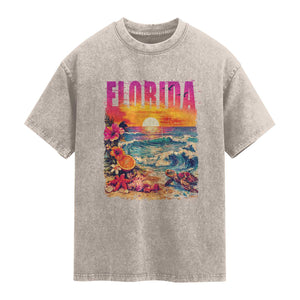 Retro Florida Beach Washed Cotton T-Shirt Summer Vacation Gift