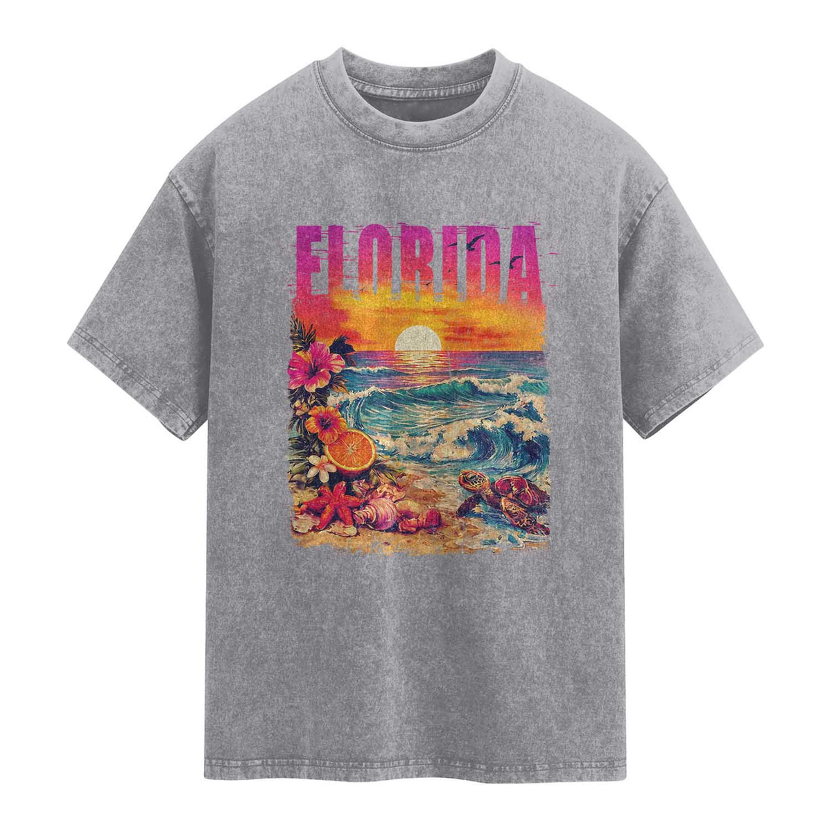 Retro Florida Beach Washed Cotton T-Shirt Summer Vacation Gift
