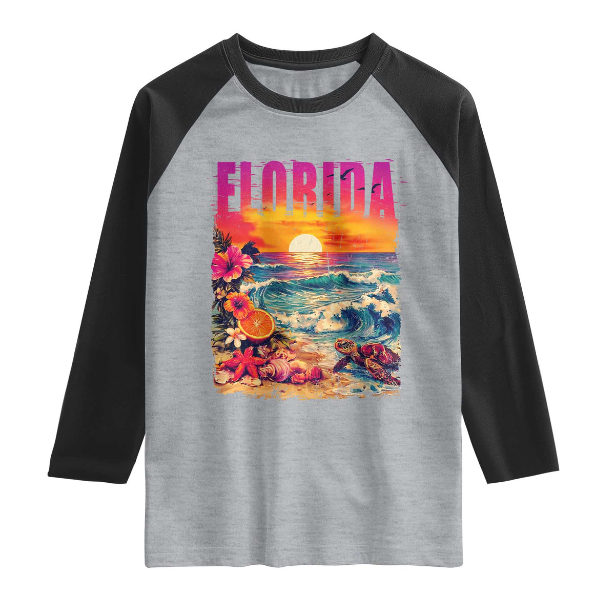 Retro Florida Beach Raglan Shirt Summer Vacation Gift TS12 Heather Gray Black Print Your Wear