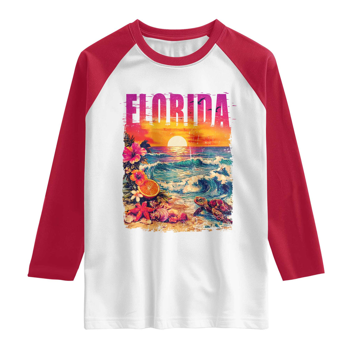 Retro Florida Beach Raglan Shirt Summer Vacation Gift TS12 White Red Print Your Wear
