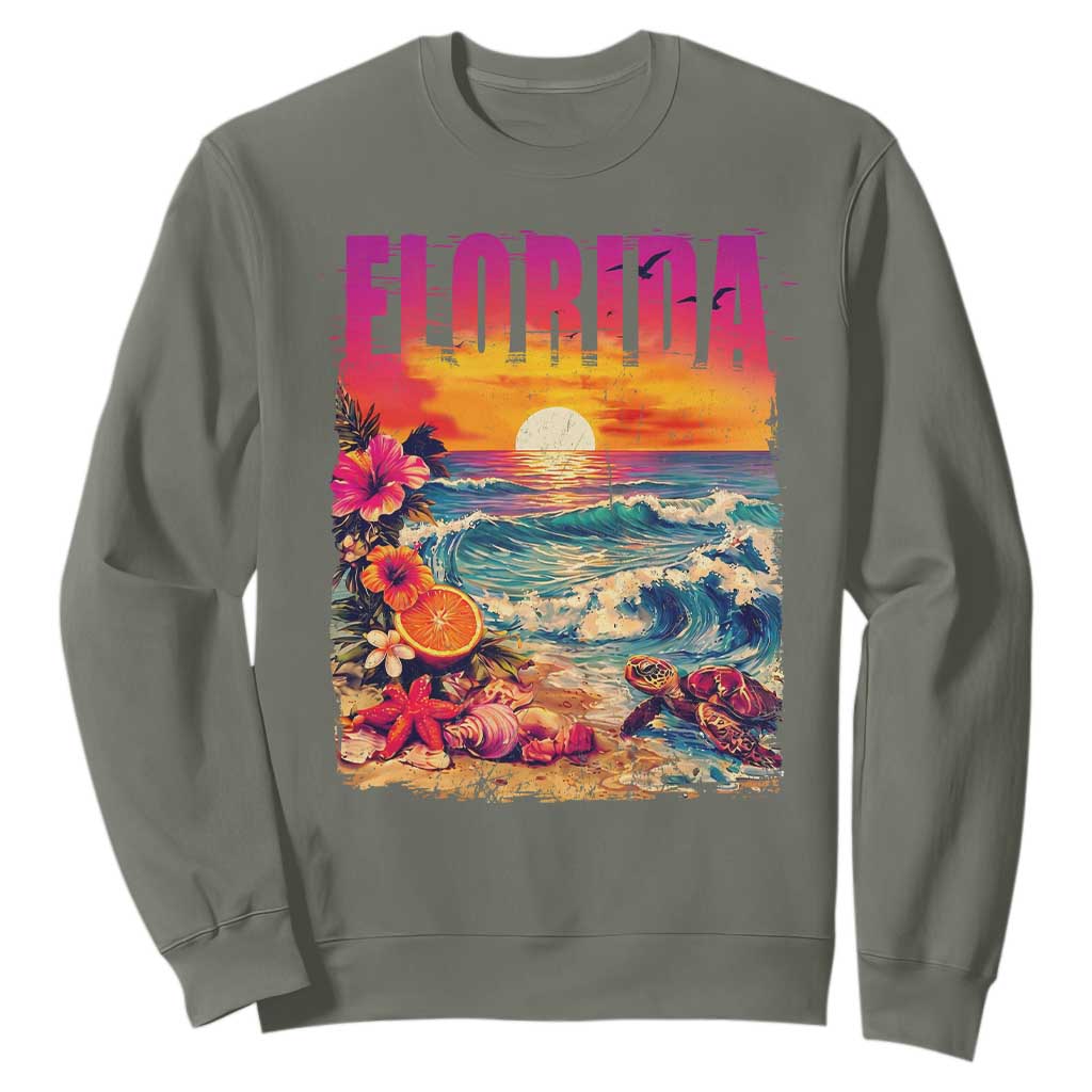Retro Florida Beach Sweatshirt Summer Vacation Gift TS12 Military Green Print Your Wear