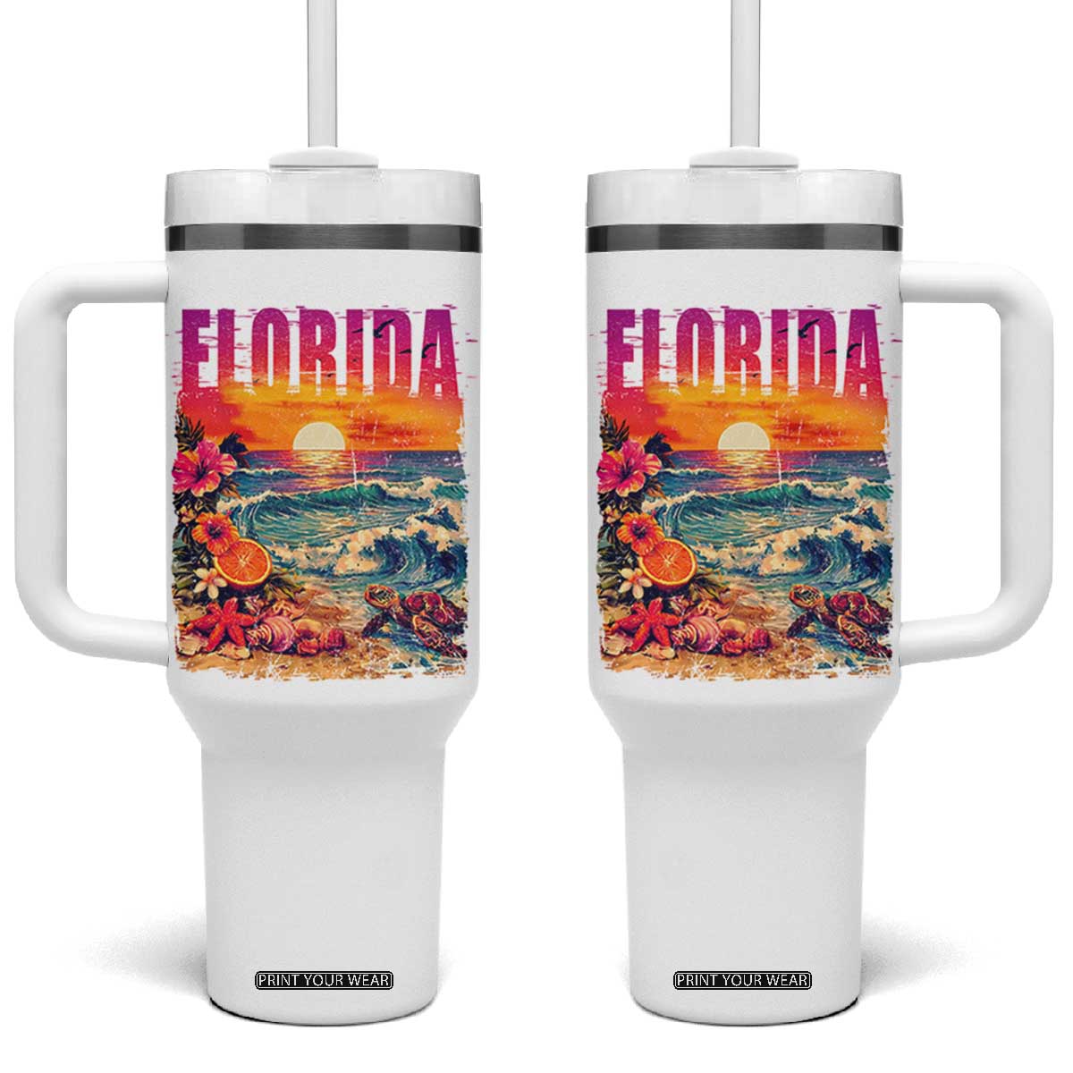 Retro Florida Beach Tumbler With Handle Summer Vacation Gift TS12 One Size: 40 oz White Print Your Wear