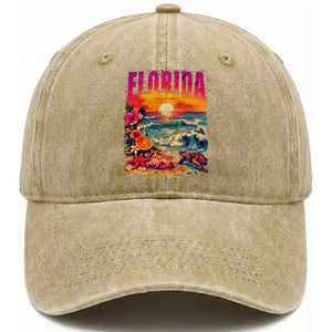 Retro Florida Beach Washed Cotton Baseball Cap Summer Vacation Gift TS12 Print Your Wear