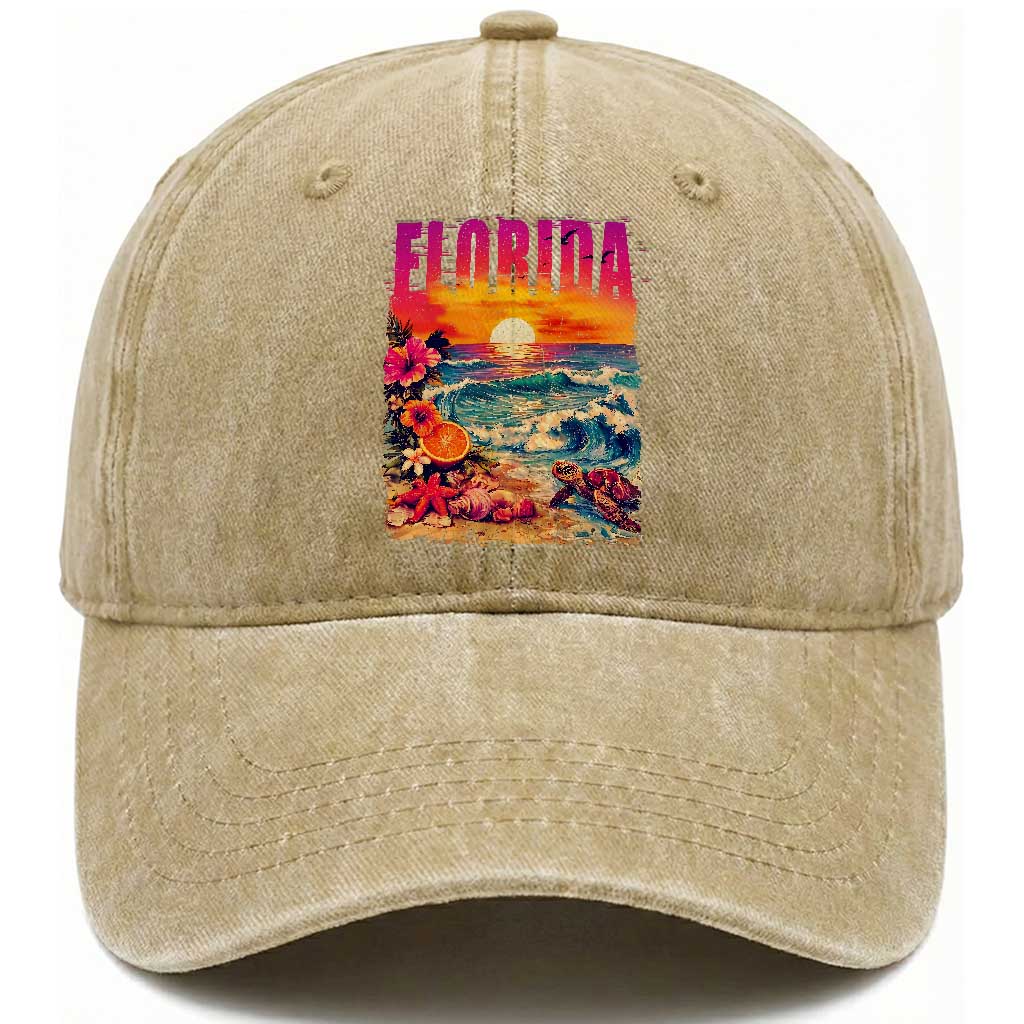 Retro Florida Beach Washed Cotton Baseball Cap Summer Vacation Gift TS12 Print Your Wear
