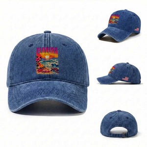 Retro Florida Beach Washed Cotton Baseball Cap Summer Vacation Gift TS12 Washed Cap Universal Fit Royal Blue Print Your Wear
