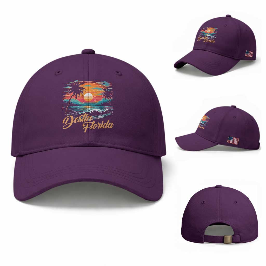 Destin Florida Beach Baseball Cap Retro Sunset Palm Tree Graphic TS12 Baseball Cap Universal Fit Purple Print Your Wear