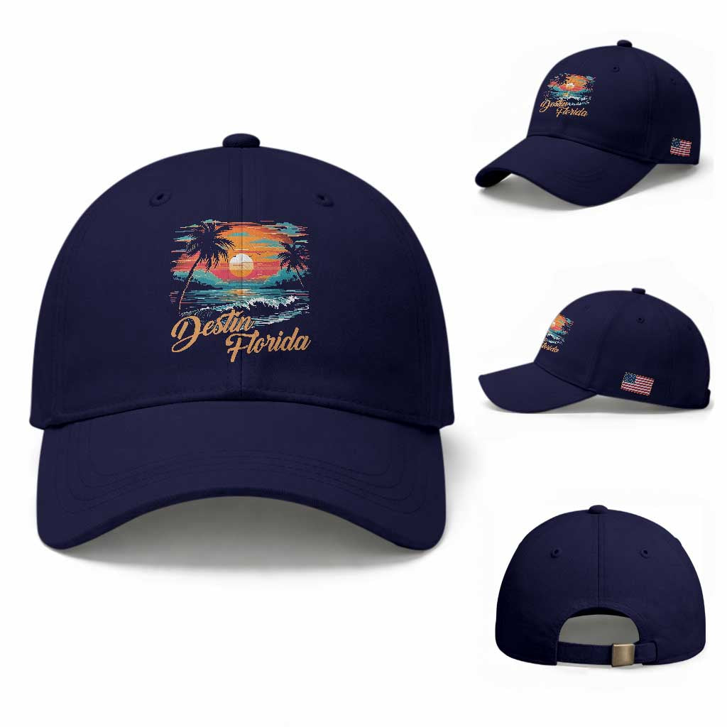 Destin Florida Beach Baseball Cap Retro Sunset Palm Tree Graphic TS12 Baseball Cap Universal Fit Dark Blue Print Your Wear
