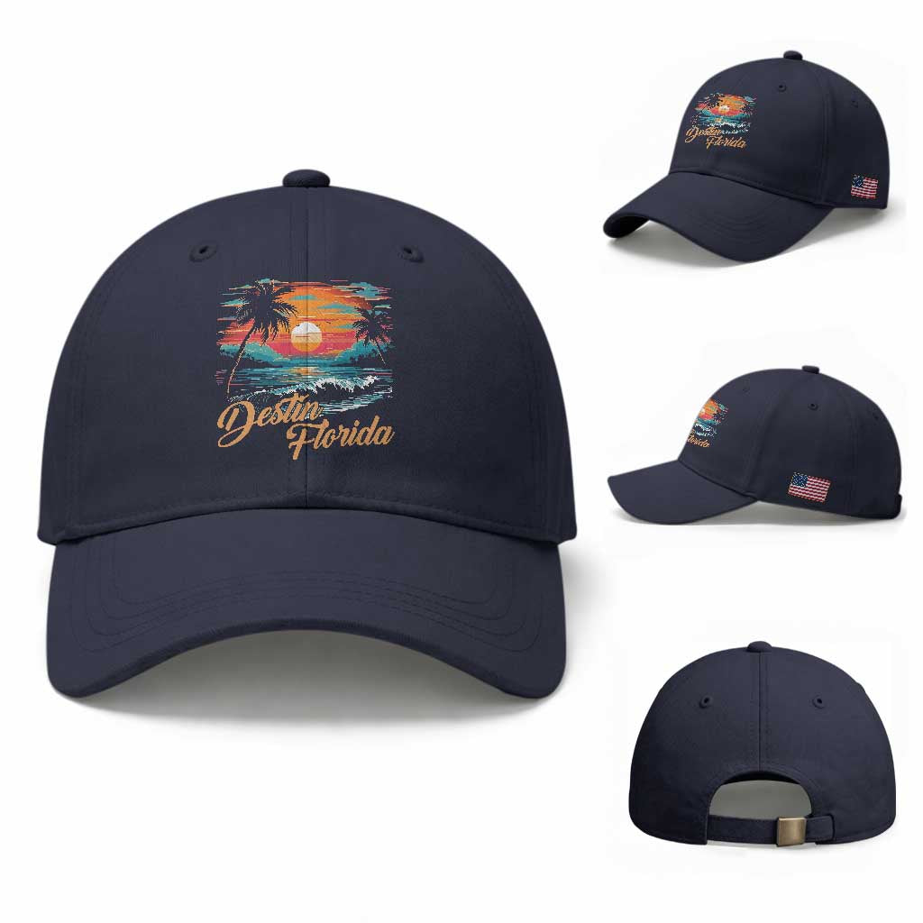 Destin Florida Beach Baseball Cap Retro Sunset Palm Tree Graphic TS12 Baseball Cap Universal Fit Navy Print Your Wear