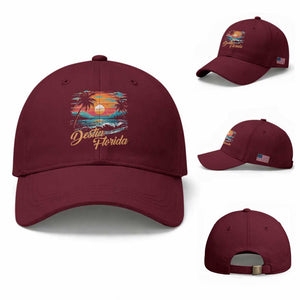 Destin Florida Beach Baseball Cap Retro Sunset Palm Tree Graphic TS12 Baseball Cap Universal Fit Maroon Print Your Wear