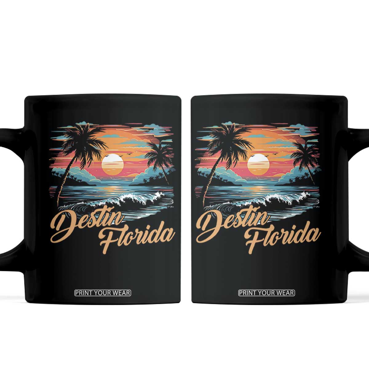 Destin Florida Beach Coffee Mug Retro Sunset Palm Tree Graphic TS12 Black Print Your Wear
