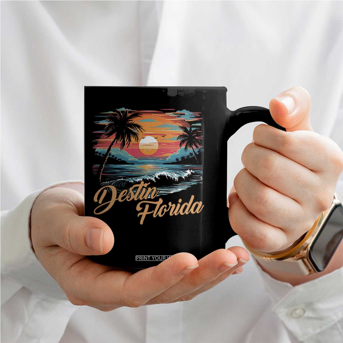 Destin Florida Beach Coffee Mug Retro Sunset Palm Tree Graphic TS12 Print Your Wear