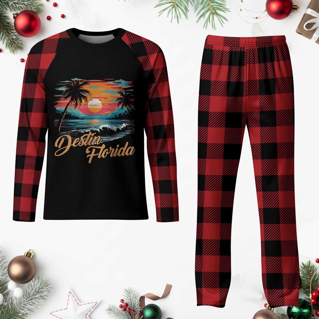 Destin Florida Beach Plaid Pajama Set Retro Sunset Palm Tree Graphic TS12 Buffalo Plaid Print Your Wear
