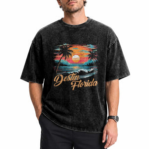 Destin Florida Beach Washed Cotton T-Shirt Retro Sunset Palm Tree Graphic