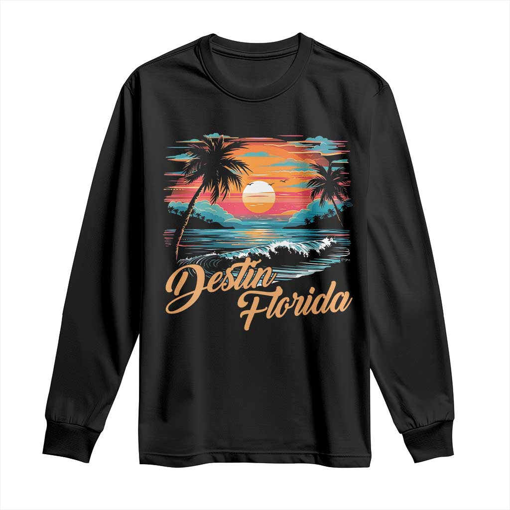 Destin Florida Beach Long Sleeve Shirt Retro Sunset Palm Tree Graphic TS12 Black Print Your Wear