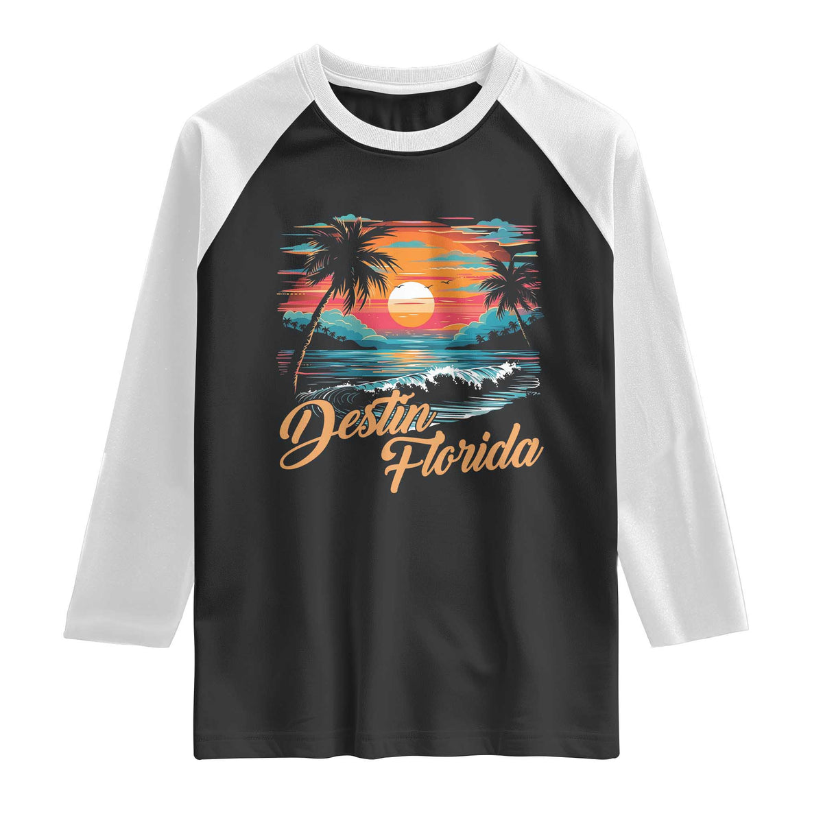 Destin Florida Beach Raglan Shirt Retro Sunset Palm Tree Graphic TS12 Black White Print Your Wear