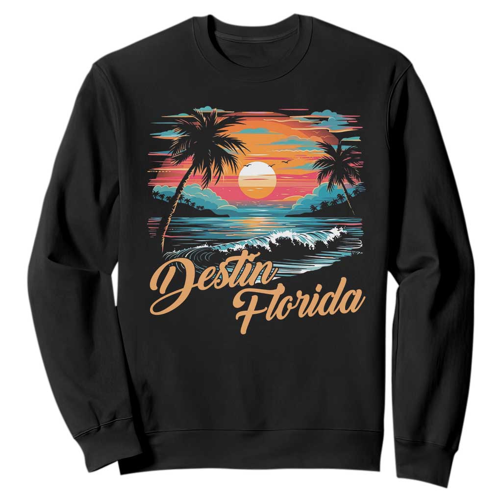 Destin Florida Beach Sweatshirt Retro Sunset Palm Tree Graphic TS12 Black Print Your Wear