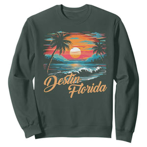 Destin Florida Beach Sweatshirt Retro Sunset Palm Tree Graphic TS12 Dark Forest Green Print Your Wear