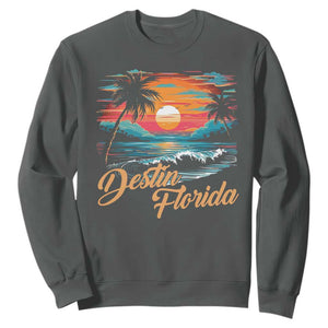 Destin Florida Beach Sweatshirt Retro Sunset Palm Tree Graphic TS12 Dark Heather Print Your Wear