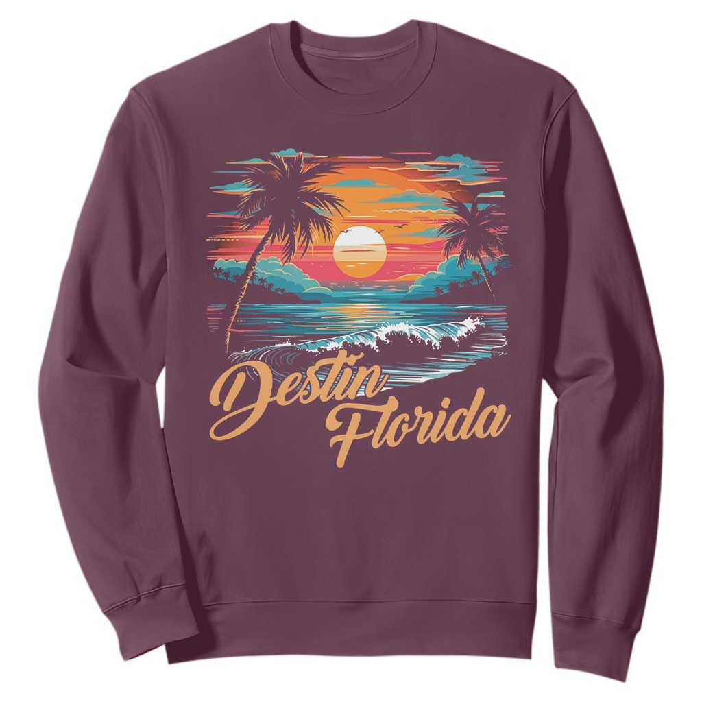 Destin Florida Beach Sweatshirt Retro Sunset Palm Tree Graphic TS12 Maroon Print Your Wear