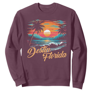 Destin Florida Beach Sweatshirt Retro Sunset Palm Tree Graphic TS12 Maroon Print Your Wear