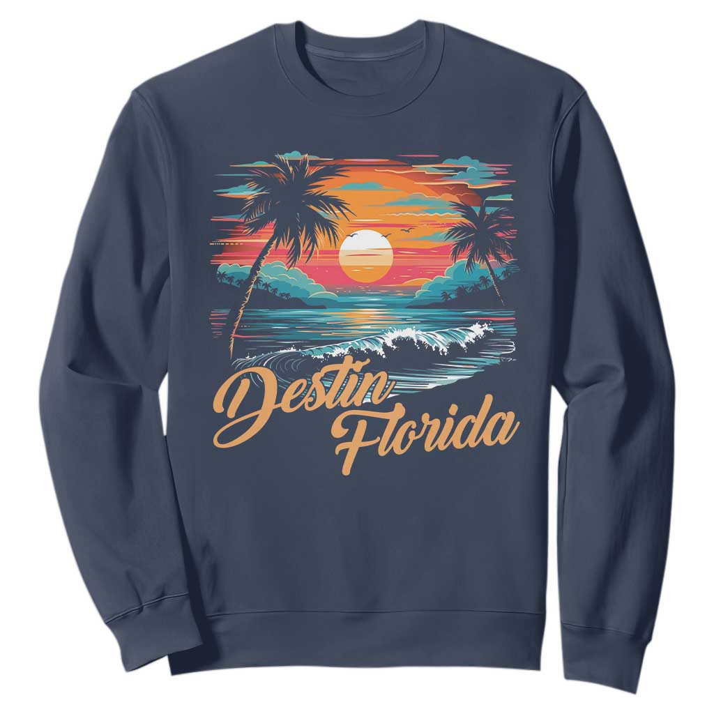 Destin Florida Beach Sweatshirt Retro Sunset Palm Tree Graphic TS12 Navy Print Your Wear