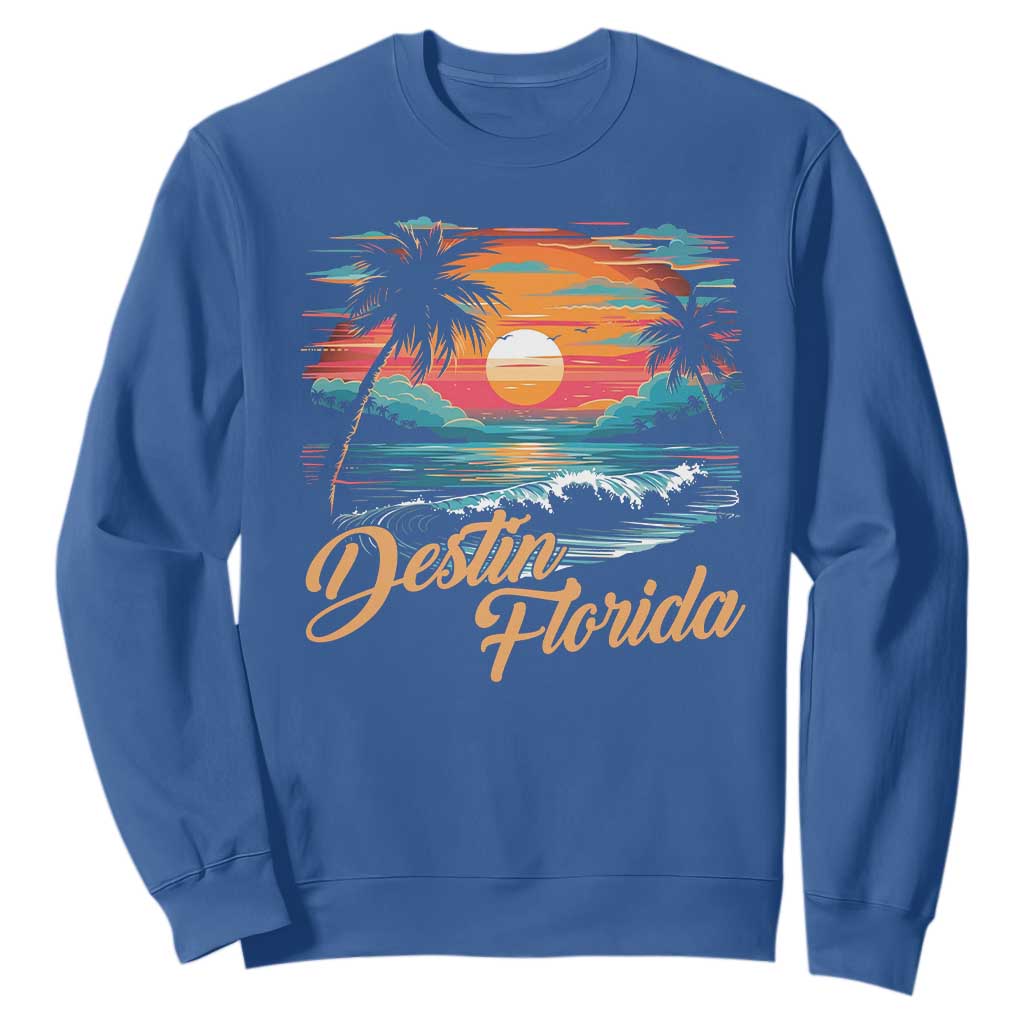 Destin Florida Beach Sweatshirt Retro Sunset Palm Tree Graphic TS12 Royal Blue Print Your Wear