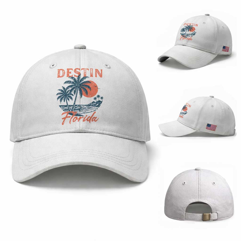 Vintage Destin Florida Beach Baseball Cap Sunset Palm Tree Graphic TS12 Baseball Cap Universal Fit White Print Your Wear