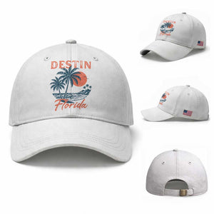 Vintage Destin Florida Beach Baseball Cap Sunset Palm Tree Graphic TS12 Baseball Cap Universal Fit White Print Your Wear