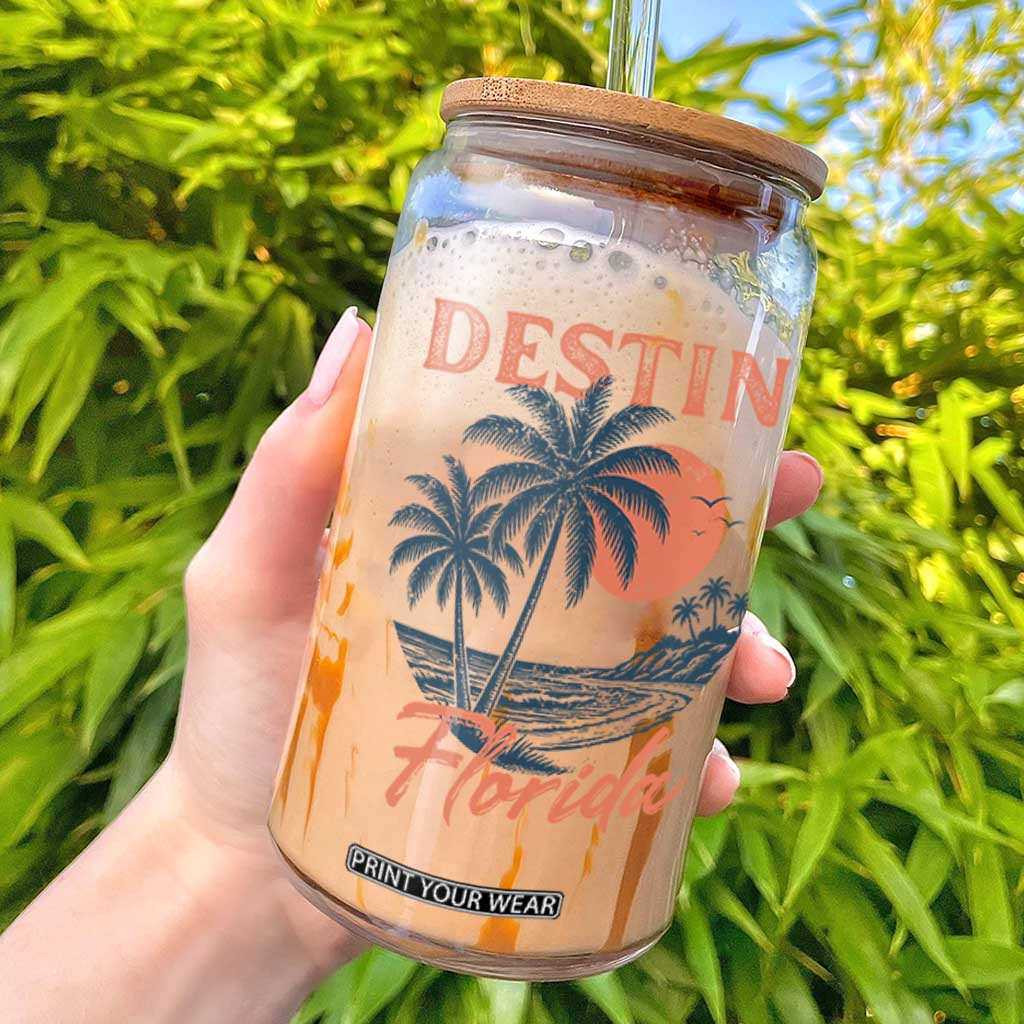 Vintage Destin Florida Beach Glass Can Sunset Palm Tree Graphic TS12 White Print Your Wear