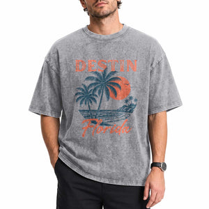 Vintage Destin Florida Beach Washed Cotton T-Shirt Sunset Palm Tree Graphic