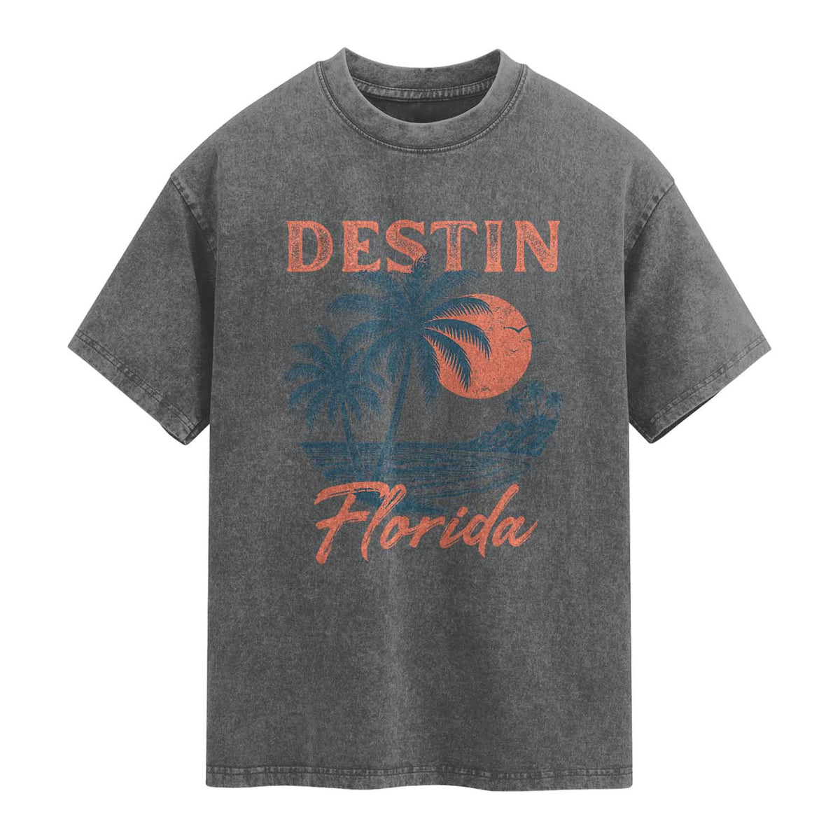 Vintage Destin Florida Beach Washed Cotton T-Shirt Sunset Palm Tree Graphic
