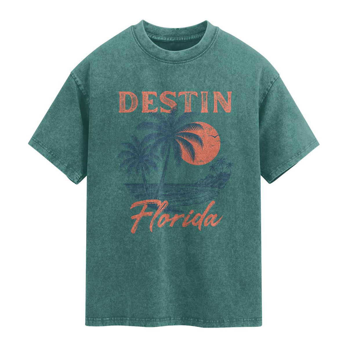 Vintage Destin Florida Beach Washed Cotton T-Shirt Sunset Palm Tree Graphic