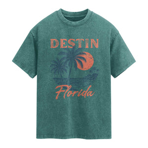 Vintage Destin Florida Beach Washed Cotton T-Shirt Sunset Palm Tree Graphic