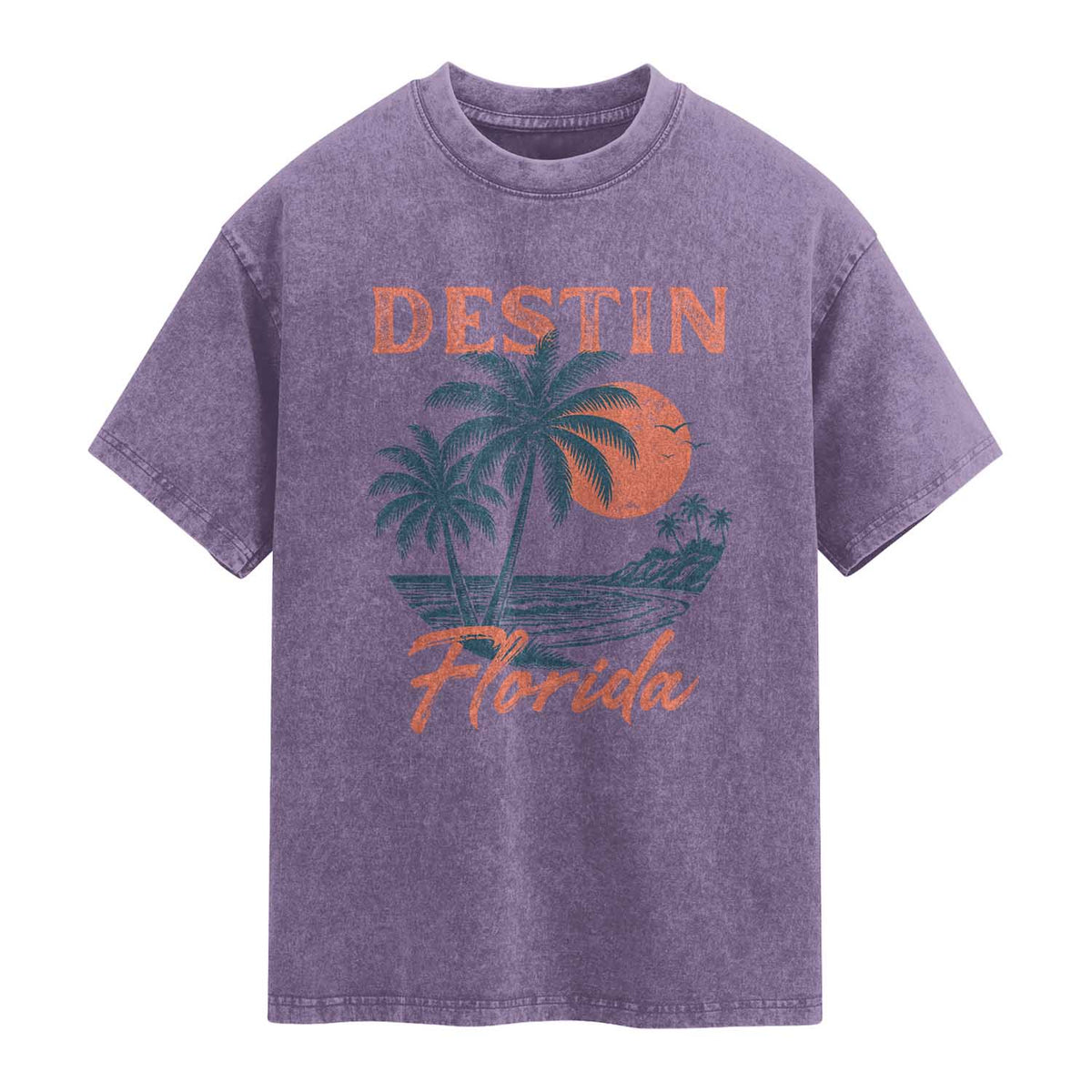 Vintage Destin Florida Beach Washed Cotton T-Shirt Sunset Palm Tree Graphic