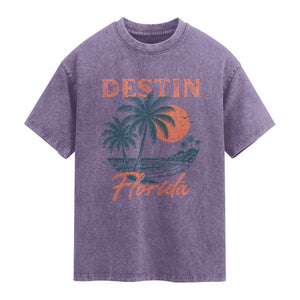 Vintage Destin Florida Beach Washed Cotton T-Shirt Sunset Palm Tree Graphic