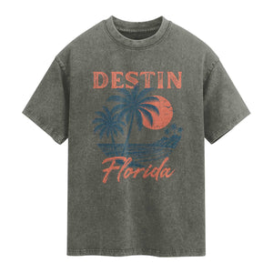 Vintage Destin Florida Beach Washed Cotton T-Shirt Sunset Palm Tree Graphic