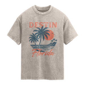 Vintage Destin Florida Beach Washed Cotton T-Shirt Sunset Palm Tree Graphic