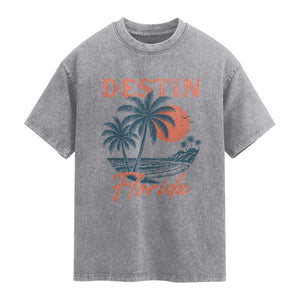 Vintage Destin Florida Beach Washed Cotton T-Shirt Sunset Palm Tree Graphic