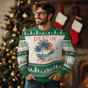 Vintage Destin Florida Beach Ugly Christmas Sweater Sunset Palm Tree Graphic TS12 Beige Green Print Your Wear